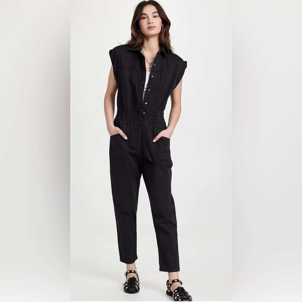 Pistola Black Rosie Denim Shoulder Padded Black Jumpsuit